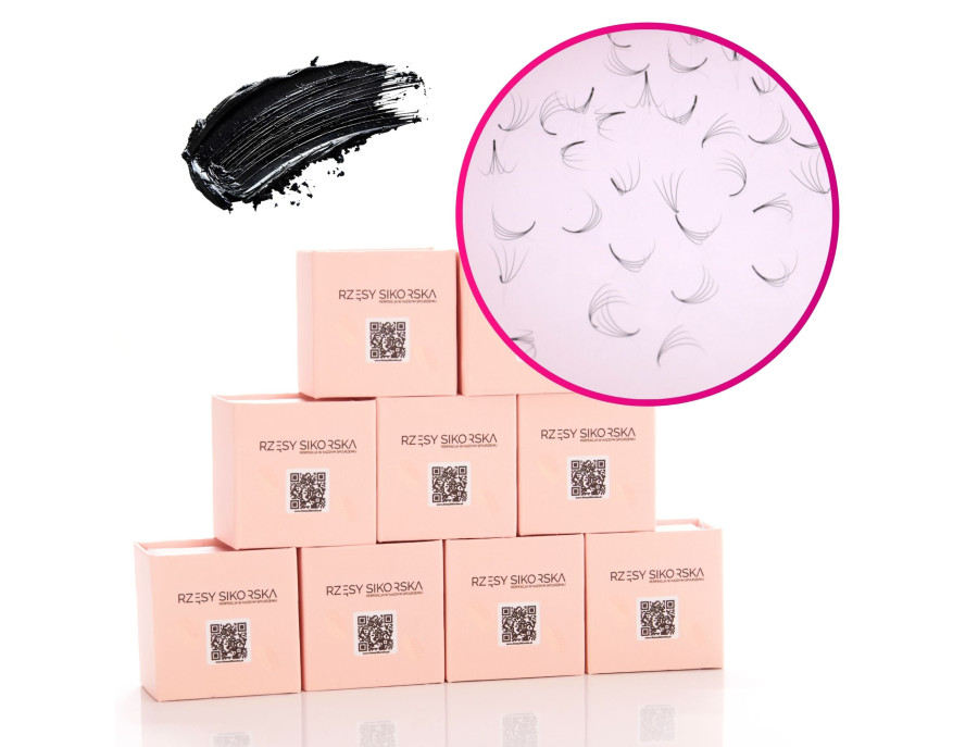 Rzęsy Sikorska - Gotowe Kępki Rzęs 4D/0,07 6-14mm (2250 szt.) Black - Zestaw